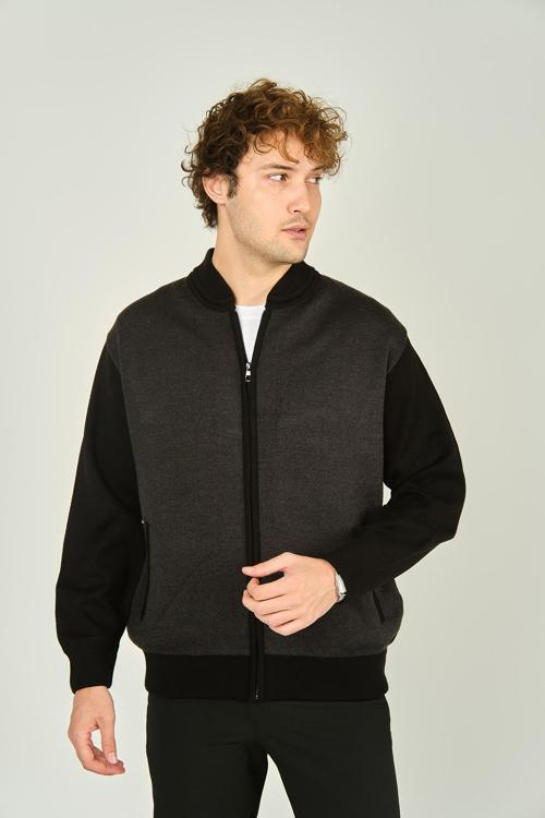 Erkek Fermuarlı Çift Cepli Hakim Yaka Triko Yün Mont 9050 Siyah