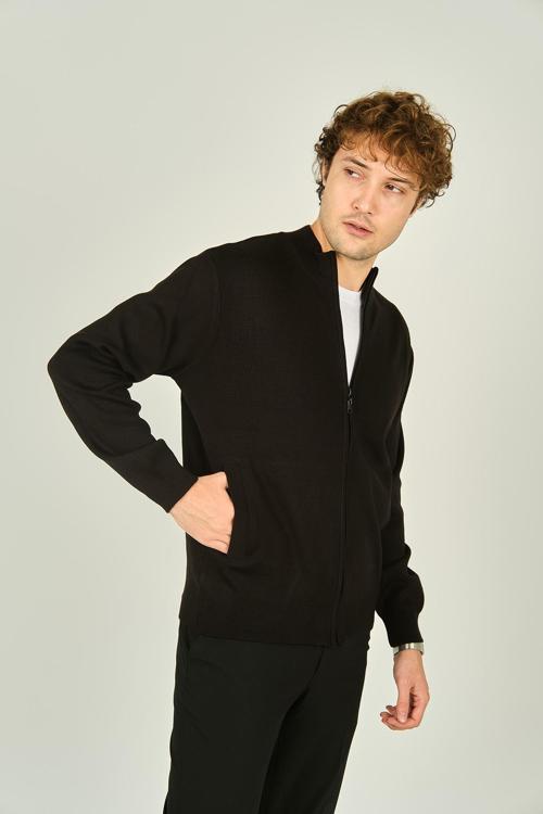 Erkek Fermuarlı Çift Cepli Hakim Yaka Yün Hırka 1021 Siyah