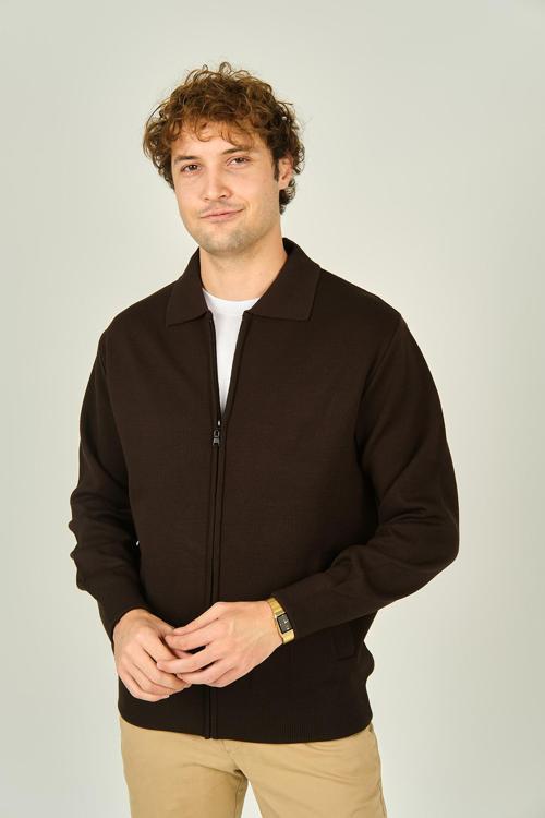 Erkek Fermuarlı Çift Cepli Triko Yün Mont 0103 Kahverengi