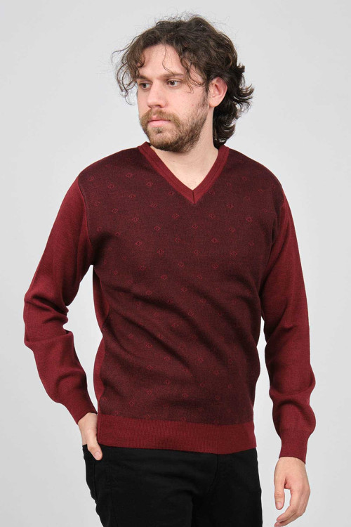Erkek V Yaka Desenli Yün Kazak 6091746 Bordo