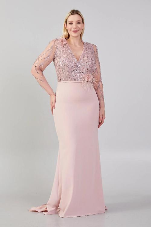 Ömür Inn Kadın Ön-Arka V Yaka Balık Form Abiye Elbise 23681 Pudra