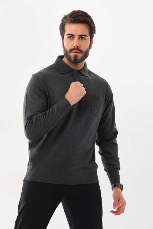 Erkek Polo Yaka Cep Detaylı Yün Kazak 3000 Füme