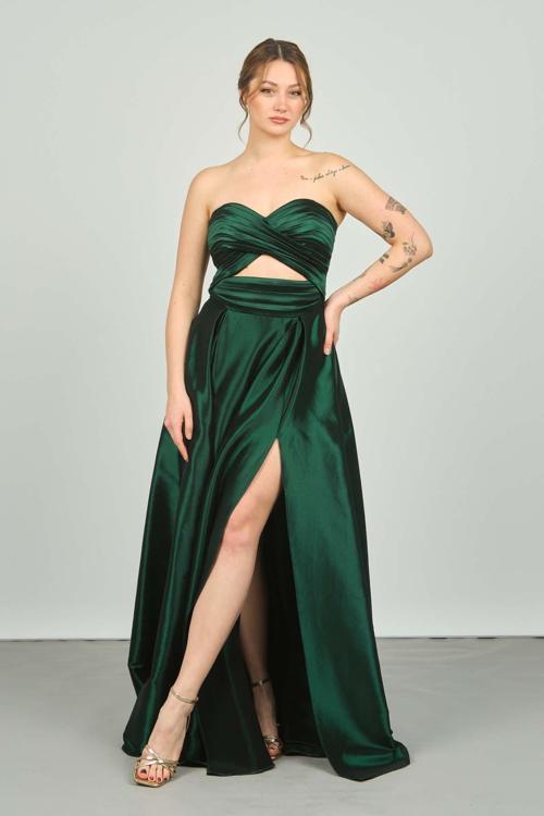 Kadın Straplez Derin Yırtmaçlı Uzun Abiye Elbise 8123 Nefti