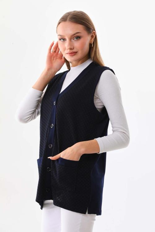 Kadın Yandan Yırtmaçlı Desenli Yelek 22604 Lacivert