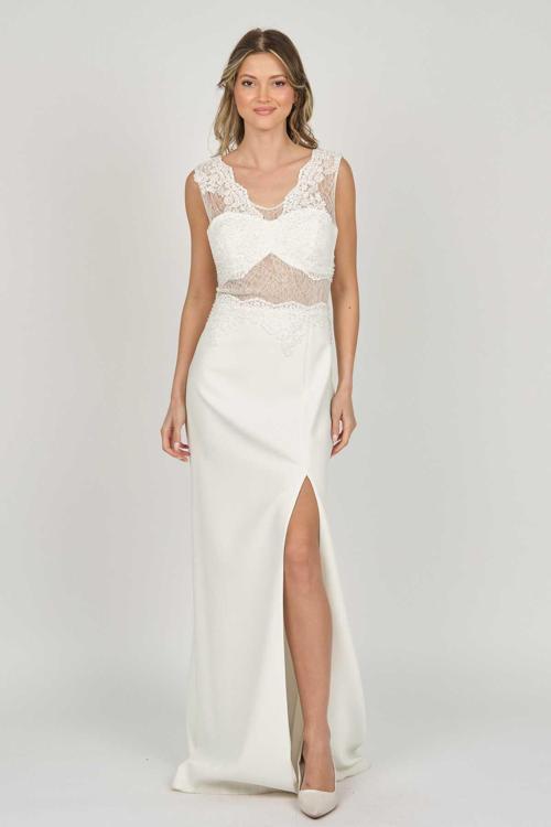 Kadın Transparan Detaylı Uzun Abiye Elbise 4459110 Ekru