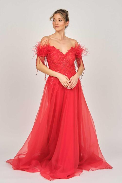 Ömür Inn Kadın Kol Detaylı Uzun Abiye Elbise 6452161 Kırmızı