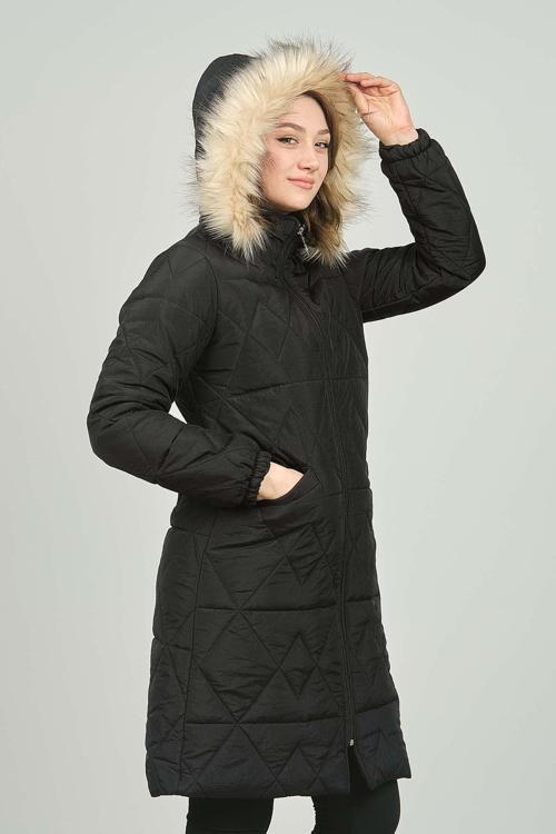 Kadın Kürk Kapüşonlu Kapitone Uzun Mont 0573 Siyah