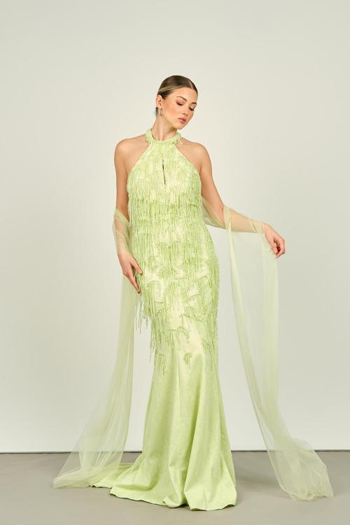 Ömür Inn Kadın Halter Yaka Boncuk İşlemeli Sırt Detaylı Balık Form Abiye Elbise 4298 Elma Yeşili