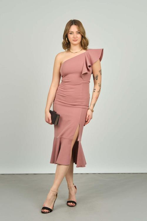 Kadın Tek Omzu Volanlı Midi Boy Abiye Elbise 1840 Lavanta