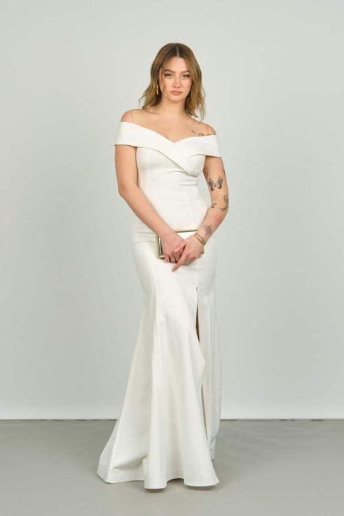 Kadın Şal Yaka Yırtmaçlı Balık Form Abiye Elbise 1389 Ekru