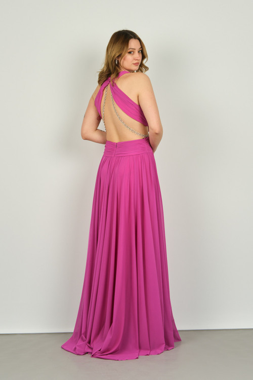 Kadın V Yaka Zincir Aksesuarlı Sırt Dekolteli Tül Abiye Elbise 8222 Fuşya