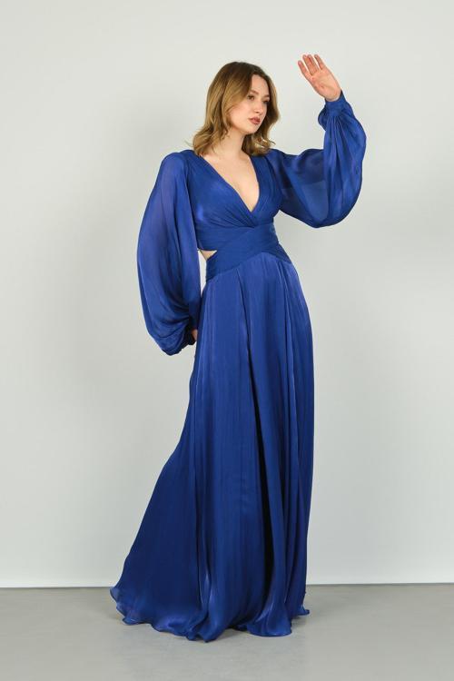 Kadın V Yaka Sırt Bağlama Detaylı Balon Kol Abiye Elbise 8217 Saks