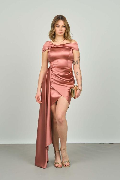 Kadın Dönen Yaka Detaylı Yanı Kuyruklu Abiye Elbise 1863 S.Kabuğu