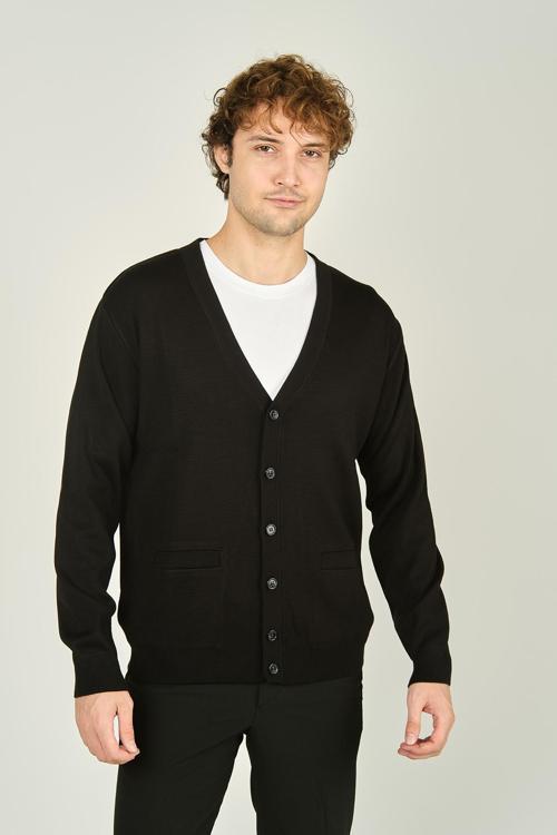 Erkek V Yaka Düğmeli Uzun Kollu Yün Hırka 1020 Siyah