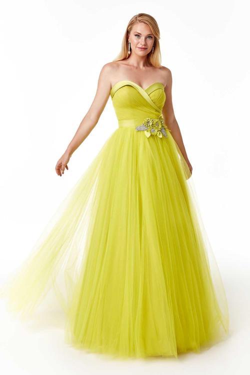 Ömür Inn Kadın Straplez Tül Detaylı Uzun Abiye Elbise 23715 Fıstık Yeşili