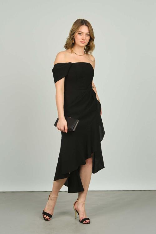 Kadın Ön ve Arka Detayı Balenli Abiye Elbise 1834 Siyah