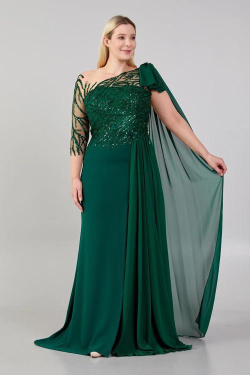 Ömür Inn Kadın Omuz Detaylı Derin Yırtmaçlı Abiye Elbise 23624 Zümrüt