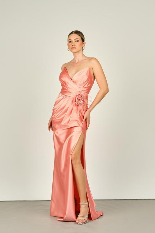 Kadın Straplez Derin Yırtmaçlı Saten Abiye Elbise 5500-01 Karides