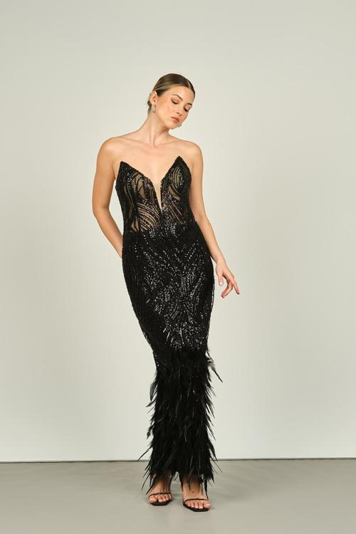 Kadın Straplez Derin V Yaka Beli Korsajlı ve Transparan Balık Form Abiye Elbise 7102 Siyah