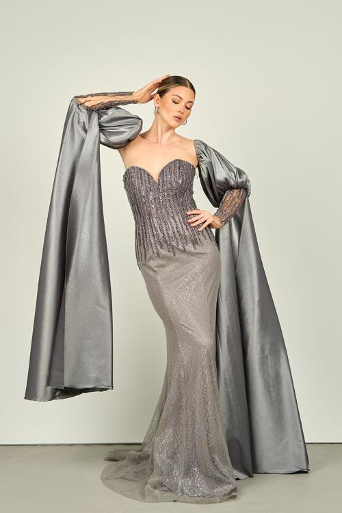 Ömür Inn Kadın Straplez Yaka Seyyar Kol Detaylı Taş İşlemeli Balık Form Abiye Elbise 4228 Gümüş