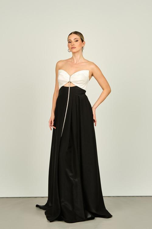 Kadın Pencere Detaylı Straplez Tafta Kumaş Uzun Abiye Elbise 4550 Siyah-Beyaz