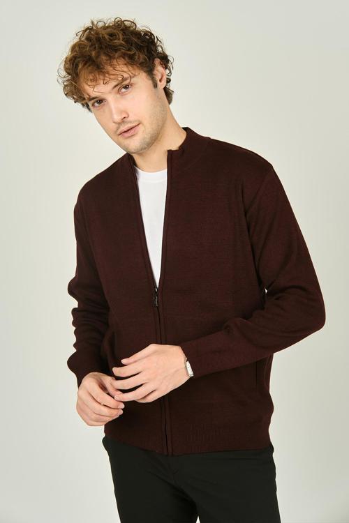 Erkek Fermuarlı Çift Cepli Hakim Yaka Yün Hırka 1021 K.Bordo