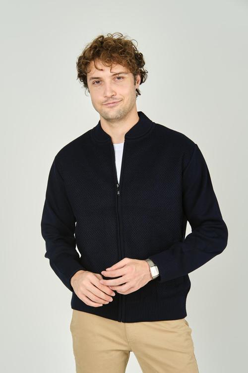 Erkek Fermuarlı Çift Cepli Hakim Yaka Triko Yün Mont 9040 Lacivert