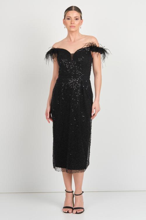 Kadın Düşük Kol Payetli Midi Abiye Elbise 4579 Siyah