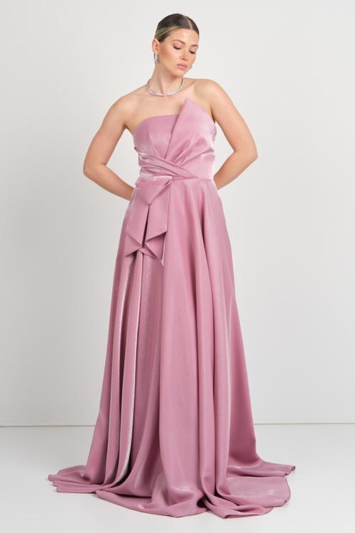 Kadın Straplez Parlak Saten Kumaş Maxi Abiye Elbise 5785 Pudra