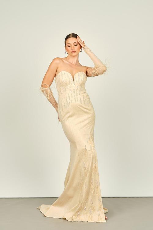 Ömür Inn Kadın Kalp Yaka Üst Kısım Taş İşlemeli Seyyar Kollu Balık Form Abiye Elbise 4240 Ten