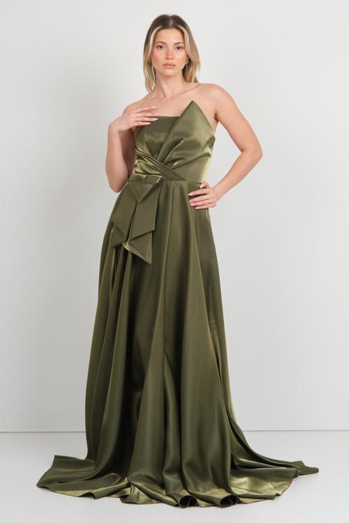 Kadın Straplez Parlak Saten Kumaş Maxi Abiye Elbise 5785 Haki