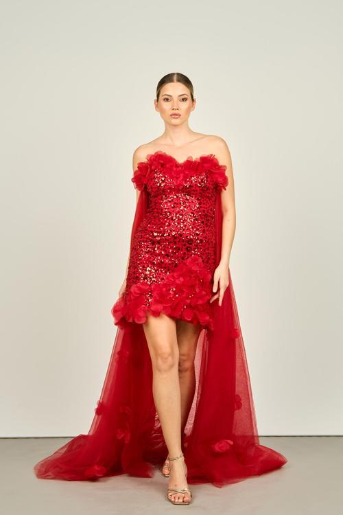 Ömür Inn Kadın Straplez Sabit Tül Pelerinli Payetli Mini Abiye Elbise 4174 Kırmızı