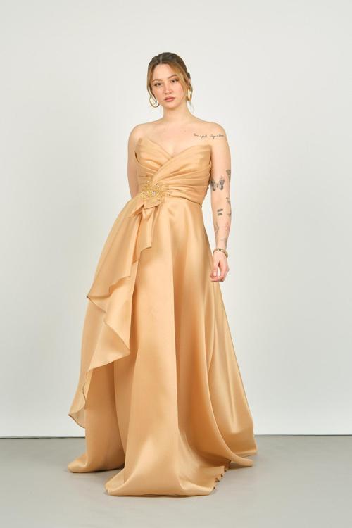 Kadın Straplez Bel Kısmı İşlemeli Fırfır Detaylı Uzun Abiye Elbise 6581 Gold