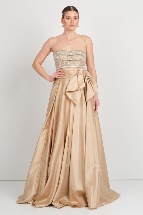 Ömür Inn Kadın Büstiyer Full Taşlı Eteği Tafta Kumaş İki Parça Abiye Elbise 2473 Ten