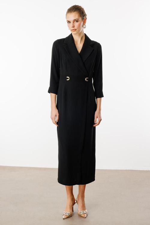 Kadın Beli Aksesuarlı Cepli Kruvaze Elbise 6626 Siyah