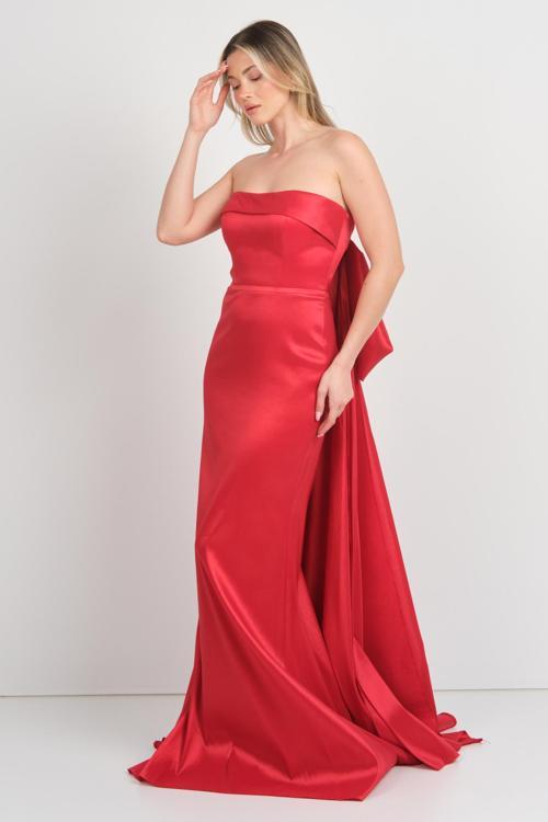 Ömür Inn Kadın Straplez Fiyonk ve Kuyruk Detaylı Abiye Elbise 4244 Kırmızı