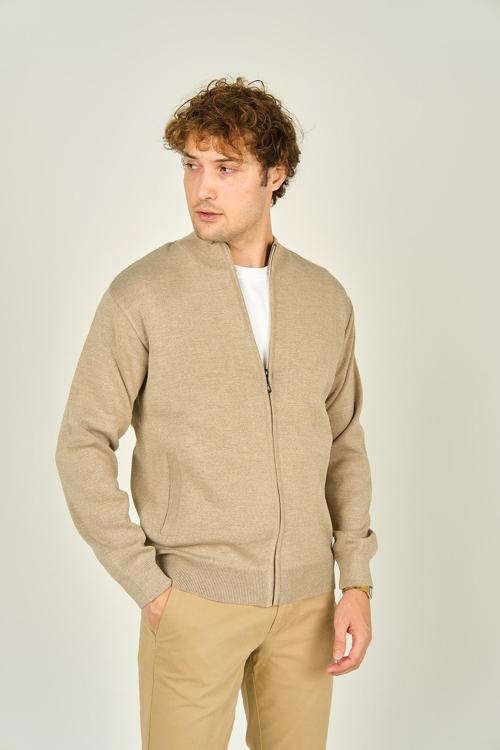 Erkek Fermuarlı Çift Cepli Hakim Yaka Yün Hırka 1021 Bej