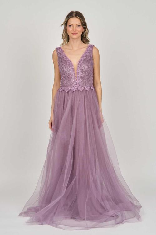 Kadın Dantel ve Tül Detaylı Uzun Abiye Elbise 0992383 Lila