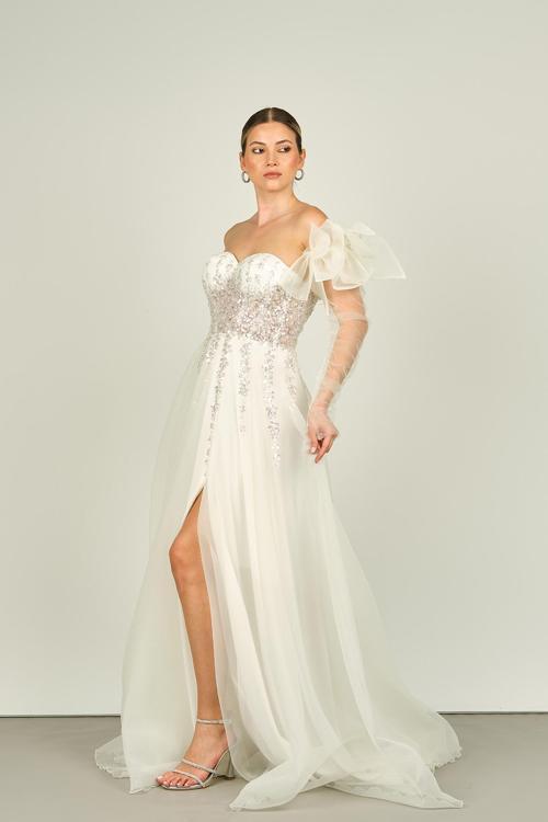 Ömür Inn Kadın Straplez Seyyar Kol Taş İşlemeli Uzun Abiye Elbise 4132 Beyaz