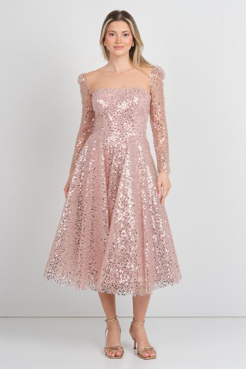 Ömür Inn Kadın Full Pul Payet Uzun Kollu Midi Abiye Elbise 3024 Pudra