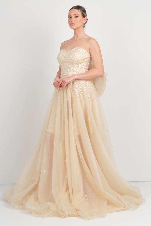 Ömür Inn Kadın Sırt Kısmı Fiyonk Detaylı Straplez Uzun Abiye Elbise 4142 Ten