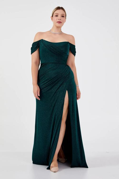 Kadın Büyük Beden Düşük Omuz Derin Yırtmaçlı Balık Form Abiye Elbise 8212 Nefti