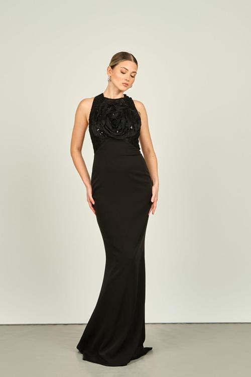 Ömür Inn Kadın Halter Yaka Göğsü Gül Detaylı Balık Form Abiye Elbise 4149 Siyah