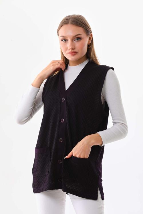 Kadın Yandan Yırtmaçlı Desenli Yelek 22604 Mürdüm