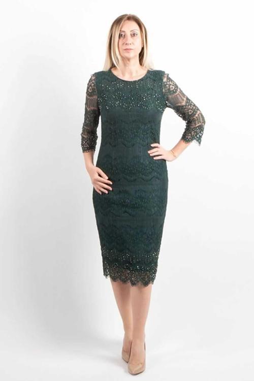 Kadın Büyük Beden Taş İşlemeli Dantel Abiye Elbise 2280 Yeşil