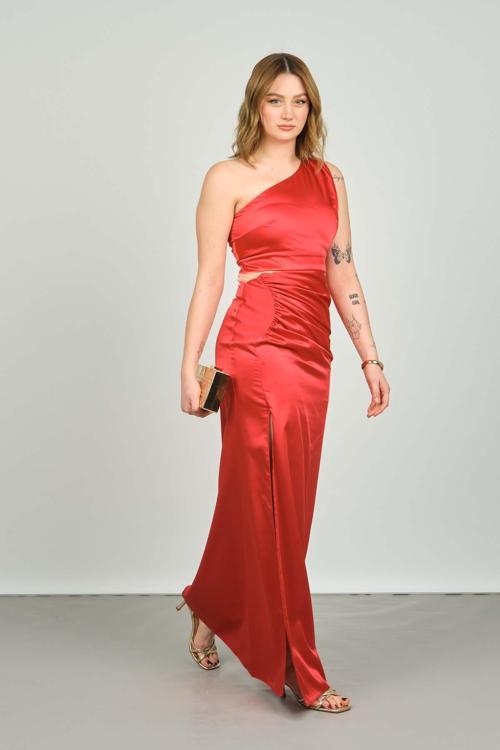 Kadın Tek Omuz Derin Yırtmaçlı Saten Abiye Elbise 1873 Kırmızı