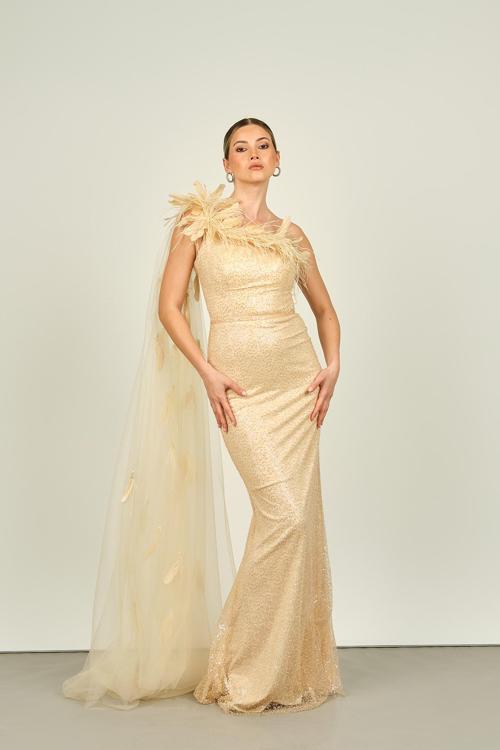 Ömür Inn Kadın Tek Omuz Detaylı Tül Pelerinli Balık Form Abiye Elbise 4222 Ten