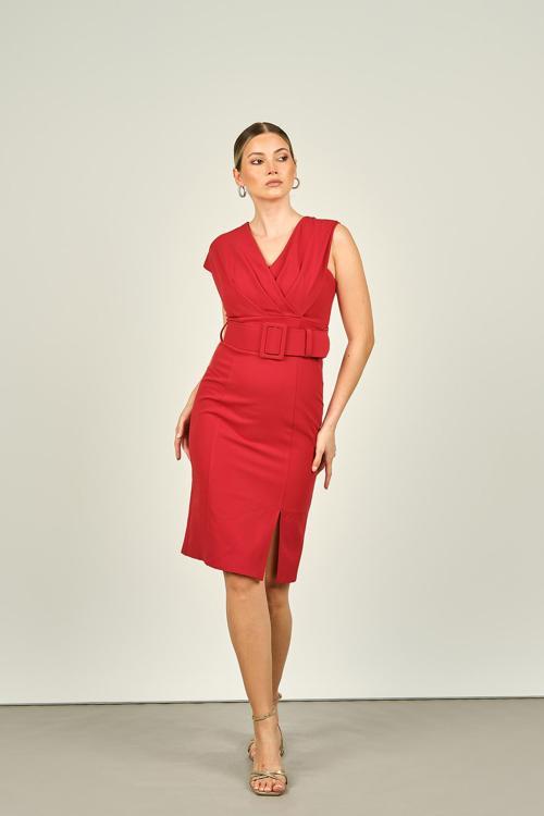 Kadın Beli Kemerli V Yaka Midi Boy Abiye Elbise 1802 Kırmızı