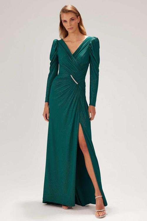 Kadın Derin Yırtmaçlı V Yaka Abiye Elbise 8145 Yeşil