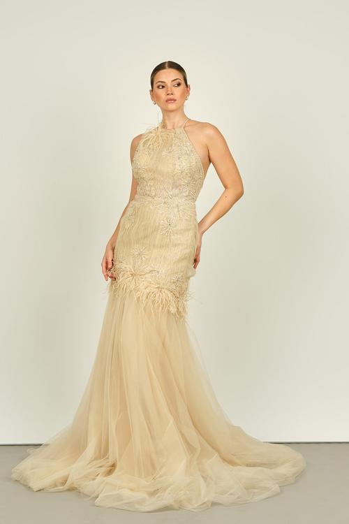 Ömür Inn Kadın Boyundan Bağlamalı Tül Üstüne Taş İşlemeli Uzun Abiye Elbise 4190 Şampanya